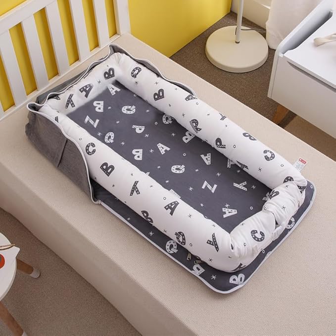Baby Lounger for Newborn Portable Bag,Baby Nest Play Gym mat with Strap,Newborn Lounger Adjustable Size & Inner Zipper Lengthen Space to 24 Months(Letter Gray)-CubbioJoy