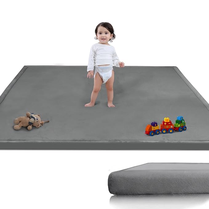 Baby Play Mat for Floor, 1.3" Thick Memory Foam Muscle Playpen Cushion, Soft Coral Velvet Tummy Time Mat with Non-Slip Backing, Water Repellent Child Nursery Rug for Toddlers, Kids (Dark Grey, 39X59)-CubbioJoy
