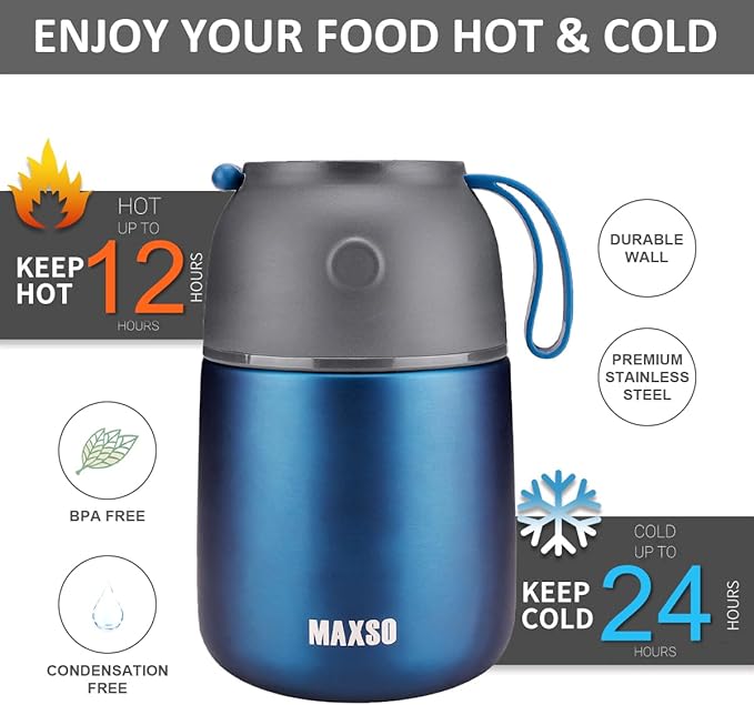 Insulated Thermo Food Jar for Hot & Cold Food for Kids Adult, 17 oz Soup Thermal Hot Food Containers for Lunch, Triple Layer Insulation Stainless Steel Food Jar with Spoon(Blue)-CubbioJoy