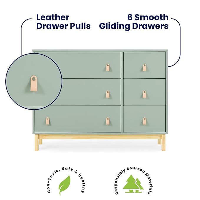Delta Children babyGap Legacy 6 Drawer Dresser with Leather Pulls and Interlocking Drawers Greenguard Gold Certified, Sage Green w/Natural-CubbioJoy