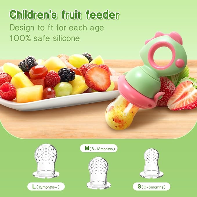 Baby Fruit Food Feeder - Silicone Nibble Tray Combo - Breastmilk Popsicle Mold for Cooling Relief, BPA Free Mesh Feeder for Infant Self Feeding (Dinosaur Green + Pineapple)-CubbioJoy