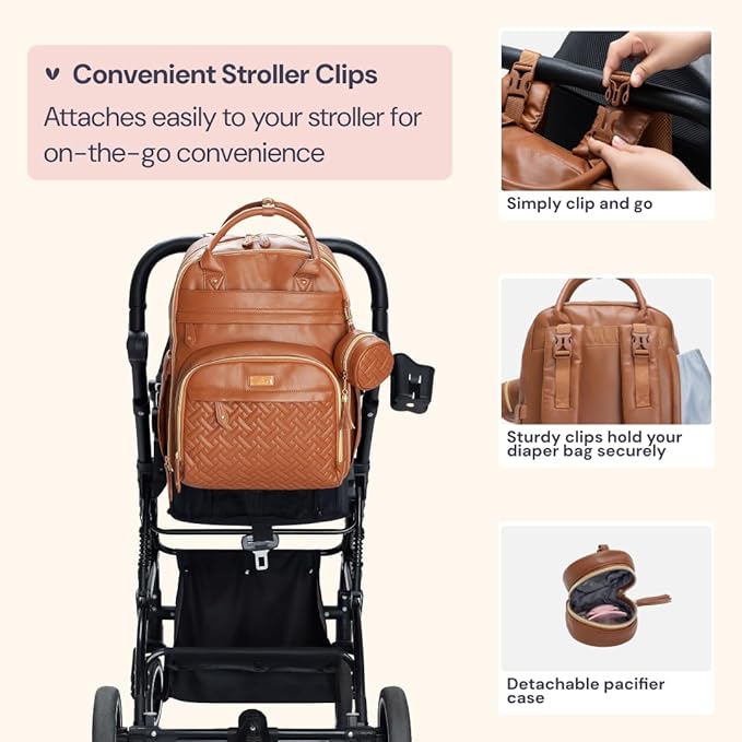 BabbleRoo Leather Diaper Bag Backpack - Baby Essentials Travel Baby Bag, Multi function, Waterproof, with Changing Pad, Stroller Straps & Pacifier Case – Unisex, Natural Brown-CubbioJoy