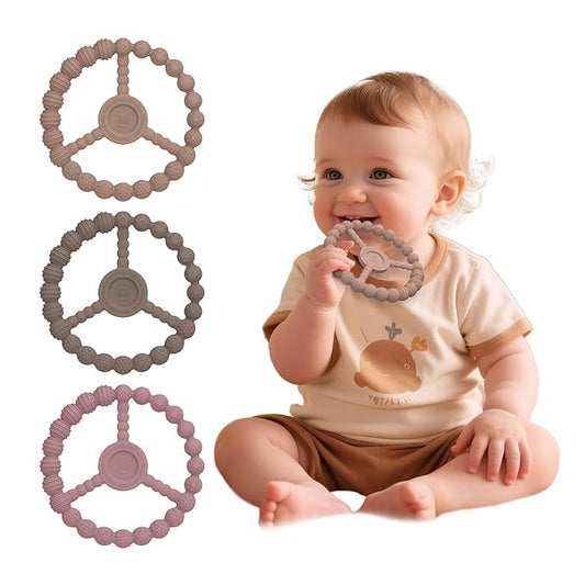 3 Pack Baby Teething Toys 3-6 Months, Silicone Ring Teethers for Babies 6-12 Months, Freezer Safe Chew Toy with Textured Grip for Boys Girls Teething Relief, Infant Easter Gift (Clay DustyRose Brown)-CubbioJoy