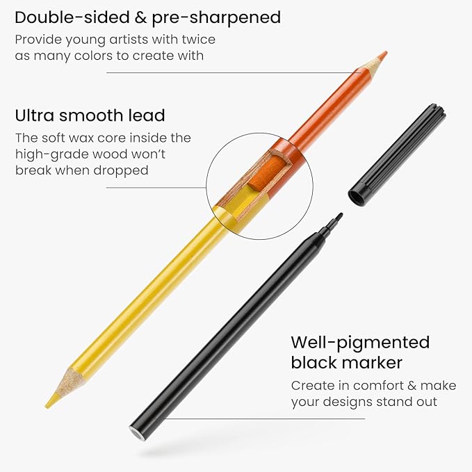 Arteza Kids Activity Book, I Spy Coloring Book, 8.5 x 11 Inches, School Supplies for Ages 6 and Up, 50 Sheets, 12 Double-Ended Colored Pencils, Black Marker, Eraser, Pencil Sharpener-CubbioJoy