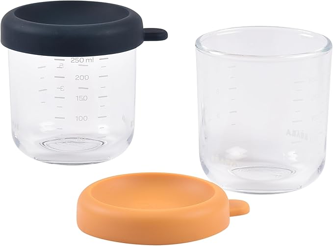 BEABA 2 Pack Glass Baby Food Jars with Soft Silicone Air Tight Lids, 8 oz Glass Storage Containers with Lids, Microwave and Freezer Safe Containers, Midnight-CubbioJoy