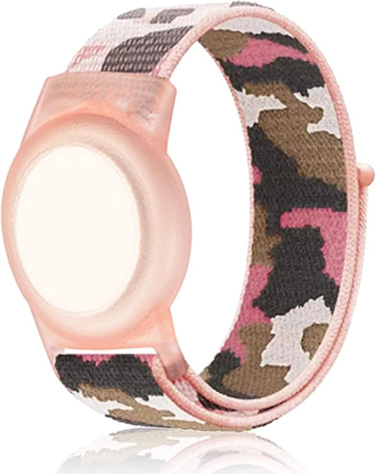 Compatible with Apple AirTag Bracelet for Kids, Camo Nylon Air Tag Wristband, Protective Case for Airtag GPS Tracker Holder, Adjustable Anti Lost Watch Band for Toddler Child Elder (Pink)-CubbioJoy