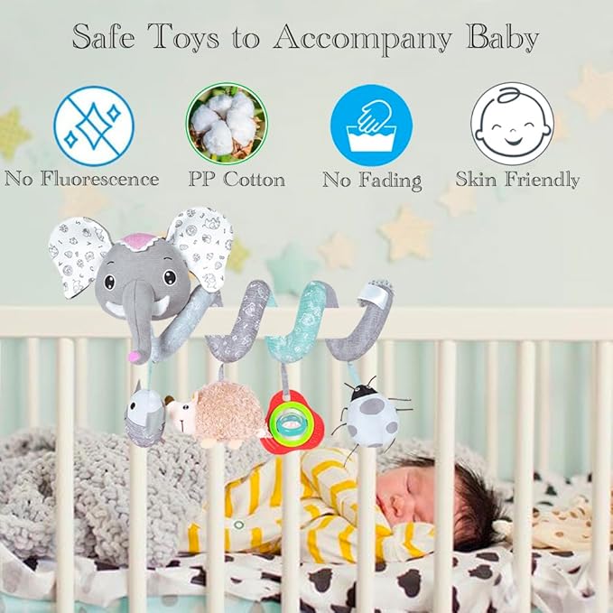 Car Seat Toys, Baby Activity Spiral Hanging Toys for Stroller Car Seat Crib Bar Bassinet Mobile, Musical Elephant Toys for Newborn Infant Boys Girls 0 3 6 12 Months-CubbioJoy