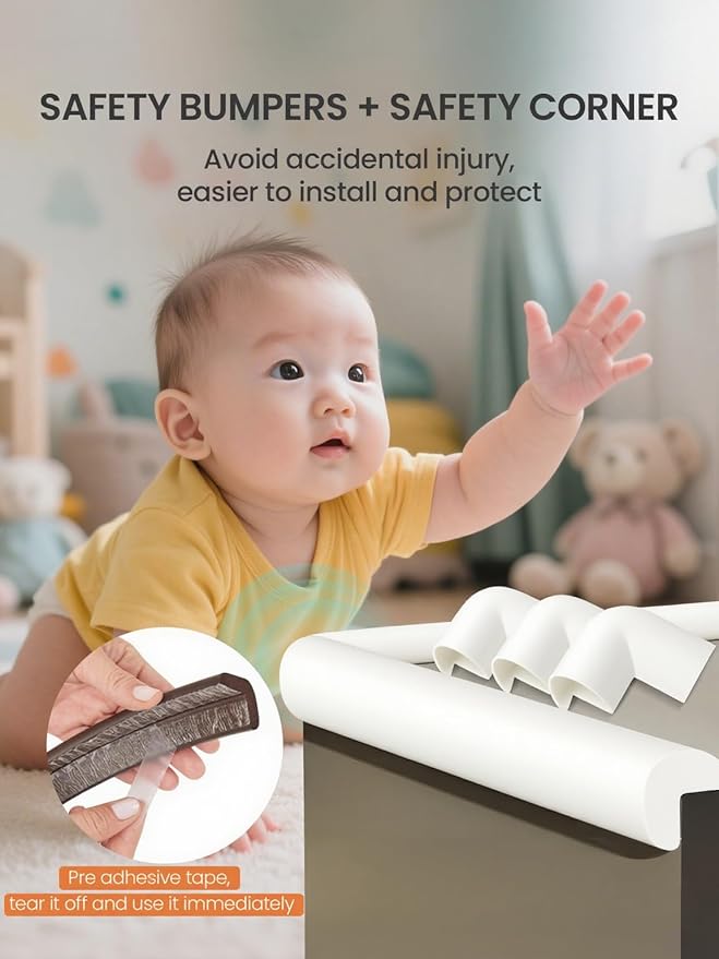 Baby Proof Edge Corner Protector, 6.56FT 0.47''Th L-Shape Furniture Corner & Edge Safety Bumpers with 6 Corners, Pre-Taped, Soft NBR Rubber Foam Desk Edge Cushion Wall Corner Protector（White）-CubbioJoy