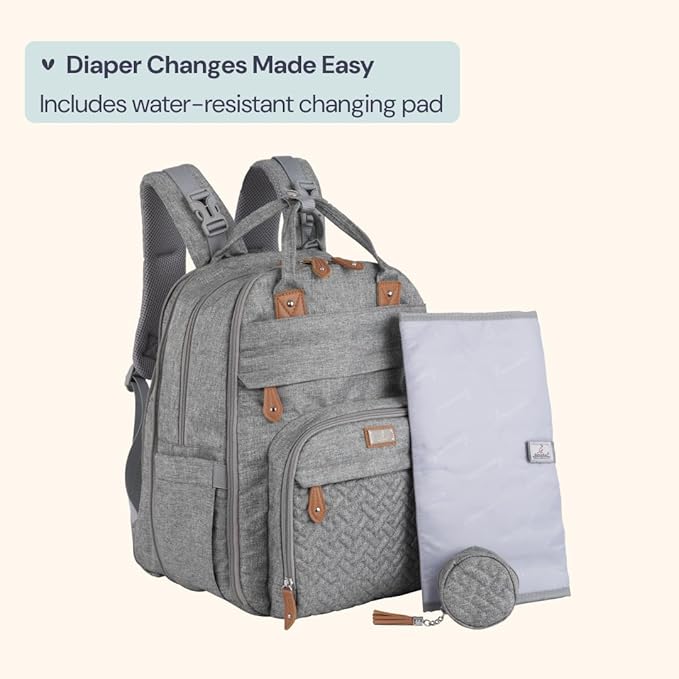 BabbleRoo Extra Large Diaper Bag Backpack, Expandable Baby Bag with Up to 50% More Capacity - Travel Essentials Baby Bag Tote with Changing Pad, Stroller Straps & Pacifier Case - Unisex, Light Gray-CubbioJoy