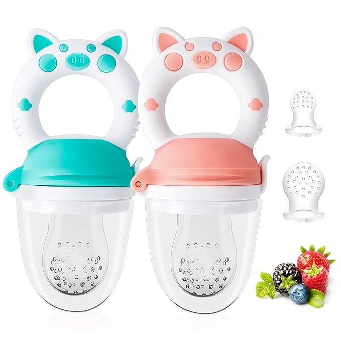 Baby Solids/Frozen Fruit Feeder Pacifier, Infant Teether Toy 4M+, BPA-Free Silicone Pouch & Nipple, Safely Introduce Solids, Teething Relief, 2-Pack (Piglet - Mint Green Pink, S/M/L)-CubbioJoy