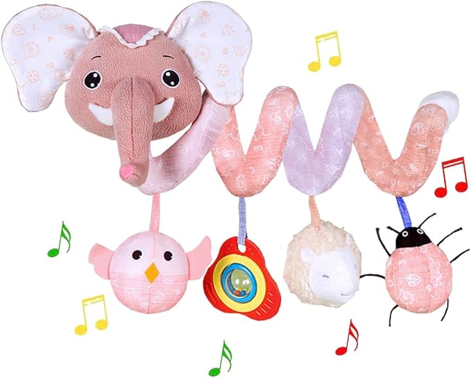 Car Seat Toys, Baby Stroller Toys Infant Spiral Hanging Toys for Crib Bar Bassinet Stroller Car Seat Mobile, Early Development Toys for Newborn Baby Girls 0 3 6 12 Months -Pink Elephant-CubbioJoy
