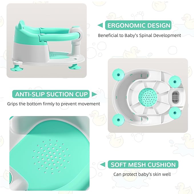 Baby Bath Seat for Babies 6 Months & up, Non-Slip Toddler Bath Seats for Babies Sitting Up, Safe Infant & Newborn Bathtub Chair with 4 Suction Cups & Soft Cushion for Shower,Mint-CubbioJoy