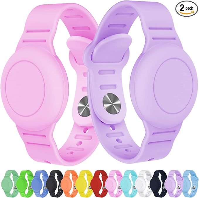 2 Pack Waterproof AirTag Bracelet for Kids, Hidden Silicone Wristband for AirTag, GPS Tracker Case for Air Tag Holder Strap Band for Child Toddler, Secure Anti-Loss Protection(Pink Purple)-CubbioJoy