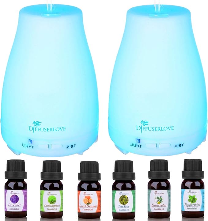 Diffuserlove 2 Pack 200ml Essential Oil Diffuser Ultrasonic Aromatherapy Diffuser with Waterless Auto Shut-Off Aroma Cool Mist Humidifiers with 6 Bottles of Natural Essential Oils /7 Color LED Lights-CubbioJoy