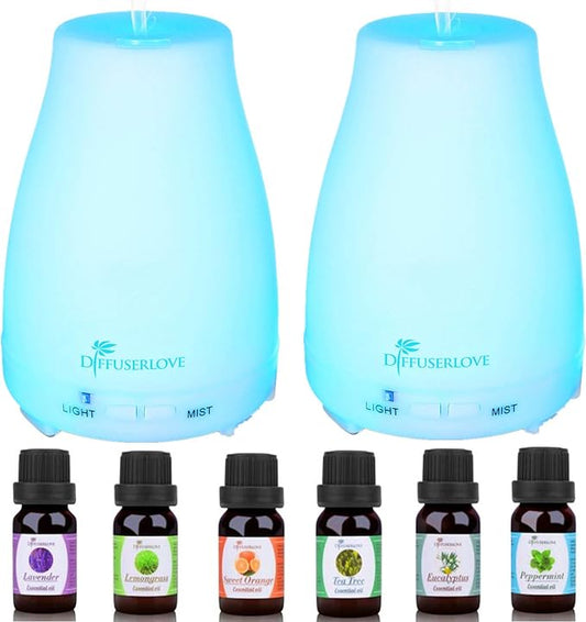 Diffuserlove 2 Pack 200ml Essential Oil Diffuser Ultrasonic Aromatherapy Diffuser with Waterless Auto Shut-Off Aroma Cool Mist Humidifiers with 6 Bottles of Natural Essential Oils /7 Color LED Lights-CubbioJoy