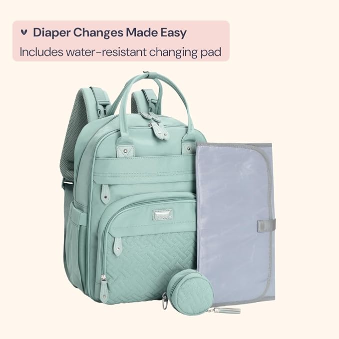 BabbleRoo Diaper Bag Backpack - Baby Essentials Travel Bag - Multi Function Waterproof Diaper Bag, Travel Essentials Baby Bag with Changing Pad, Stroller Straps & Pacifier Case – Unisex, Sage Green-CubbioJoy