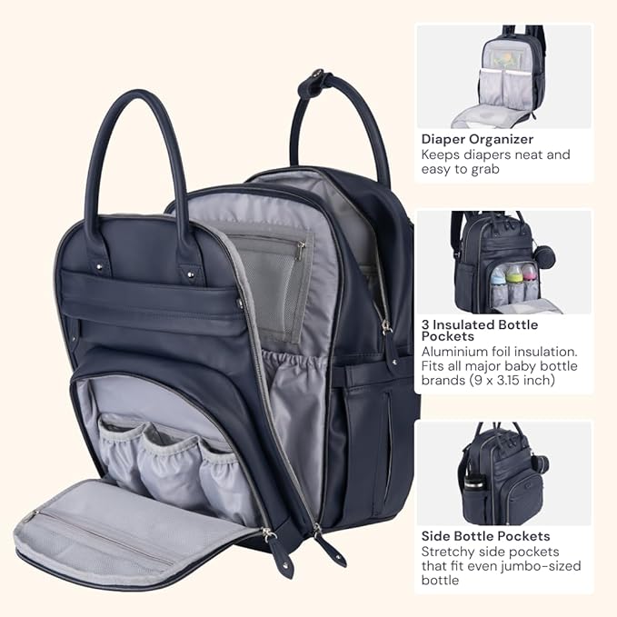 BabbleRoo Leather Diaper Bag Backpack - Baby Essentials Travel Baby Bag, Multi function, with Changing Pad, Stroller Straps & Pacifier Case – Unisex, Midnight Blue-CubbioJoy