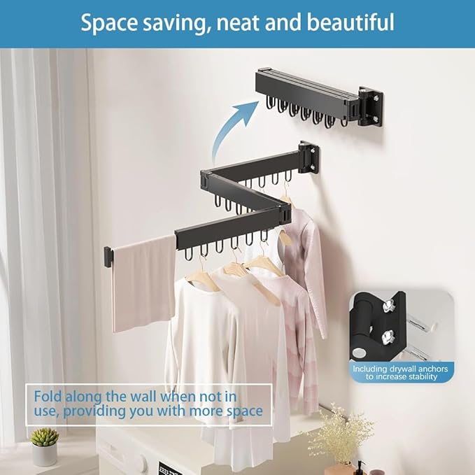 Clothes Drying Rack Wall Mounted,Space Saving Wall Drying Rack,Retractable Collapsible Tri-Fold,for Bathroom,Balcony,Outdoor lndoor with Laundry,Black-CubbioJoy