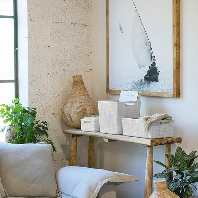 Curver Set of 6 Jute Medium Decorative Plastic Organization and Storage Baskets, Perfect Bins for Home Office, Closet Shelves, Kitchen Pantry and All Bedroom Essentials, White-CubbioJoy