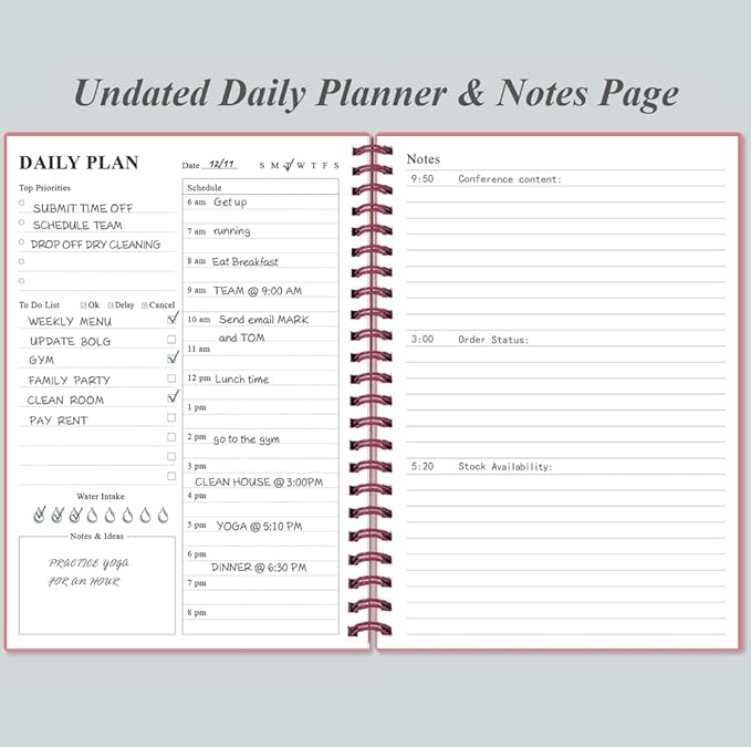 Daily Planner Undated - A5 To Do List Notebook Hourly Schedules, Spiral Appointment Planner for Women and Men, PVC Hardcover, Inner Pocket, Elastic Closure, 5.8" x 8.3", Pink-CubbioJoy
