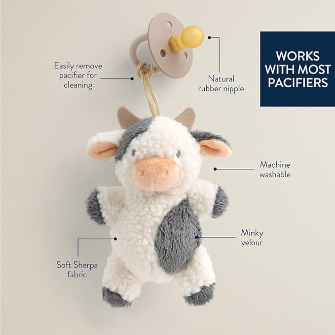 Itzy Ritzy Pacifier & Lovey Set - Natural Rubber Pacifier with Stuffed Animal Lovey - Detachable Plush Cow Binky Holder & Coordinating Natural Rubber Binky, Ideal for Ages 0-6 Months (Cow)-CubbioJoy