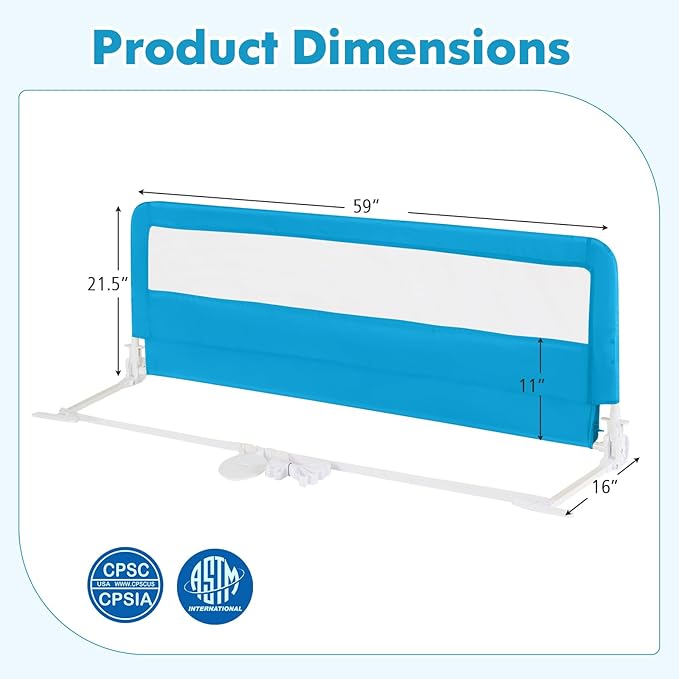 BABY JOY Bed Rails for Toddlers, 59'' Extra Long, Swing Down Bed Guard w/Safety Straps, Folding Baby Bedrail for Kids Twin, Double, Full Size Queen & King Mattress (Blue, 59-Inch)-CubbioJoy