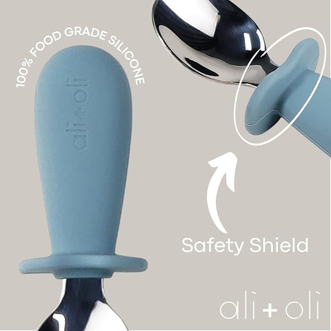 Ali+Oli Spoon & Fork Learning Set for Toddlers (Powder Blue) 6m+ Grab Easy BPA Free Food-Grade Silicone Handle, Kids Silverware Self Feeding Baby Utensil, Multi-stage Baby Feeding Set Ergonomic Design-CubbioJoy