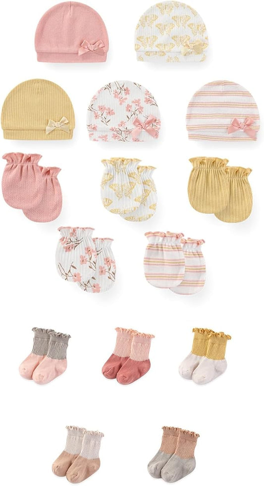 15 Pack Unisex New Born Boy Girls No Scratch Mittens Sets Cotton Soft Baby Gloves Hats socks Accessory 0-6 Months-CubbioJoy