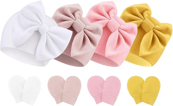 BQUBO Newborn Baby Hats Mittens Set Hospital Hat Beanie Infant Bow Hats Baby Gloves No Scratch Mittens for 0-6 Months-CubbioJoy