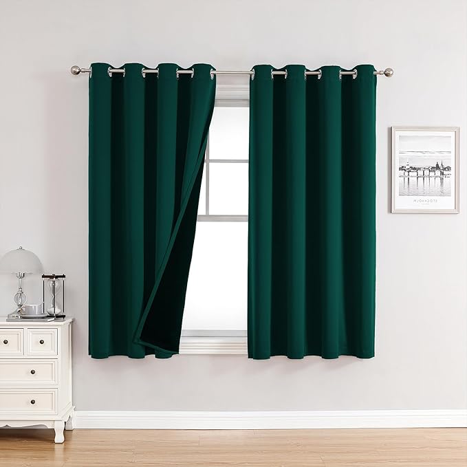 ChrisDowa 100% Blackout Curtains for Bedroom with Black Liner, 2 Thick Layers Total Blackout Thermal Insulated Grommet Window Curtains 2 Panels Set (Forest Green, 52 x 63 Inch)-CubbioJoy
