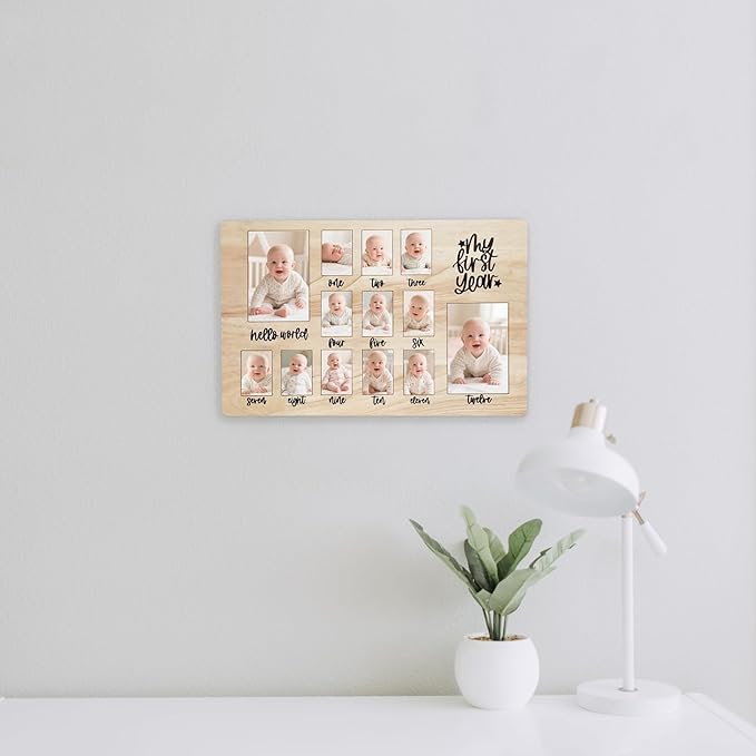 CHONIC My First Year Photo Board, 1st Birthday Gifts for Boy or Girls, 12 Month Pictures Frame for Baby First Year, One Year Birthday Decorations Milestone Sign, Wooden Baby Keepsake Gifts-CubbioJoy