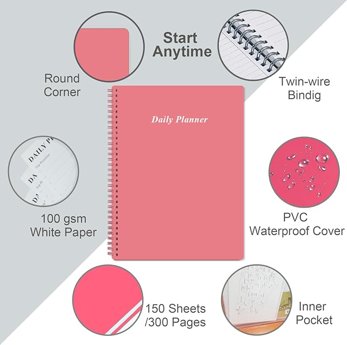 Daily Planner Undated - A4 To Do List Notebook Hourly Schedules, Spiral Appointment Planner for Women and Men,PVC Hardcover, Inner Pocket, Elastic Closure, 8.5" x 11", Pink-CubbioJoy