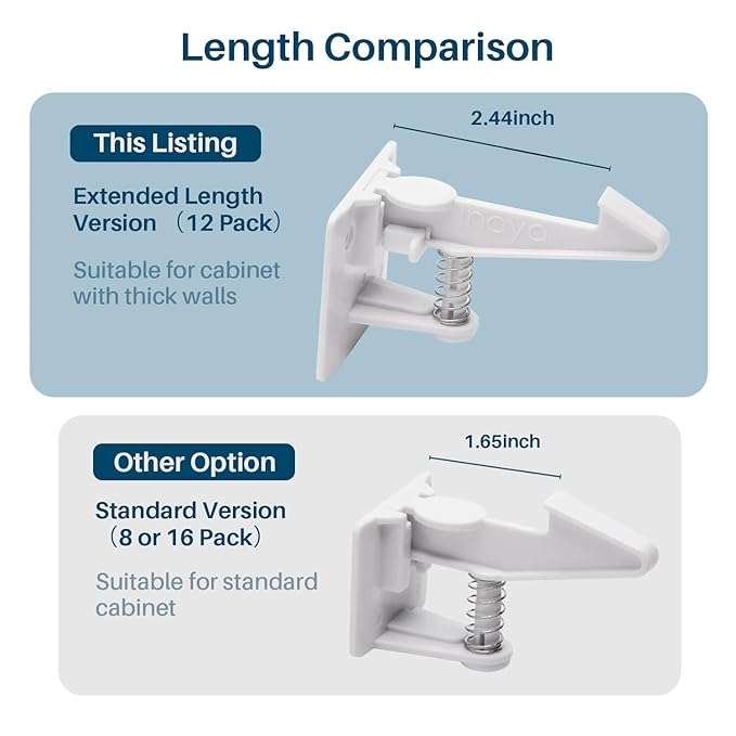 Inaya Cabinet Locks Child Safety Latches - Baby Proofing Cabinets & Drawers Locks - Child Proof Your Home - No Drilling & No Tools Required! (12 Pack - Extended Length Version)-CubbioJoy