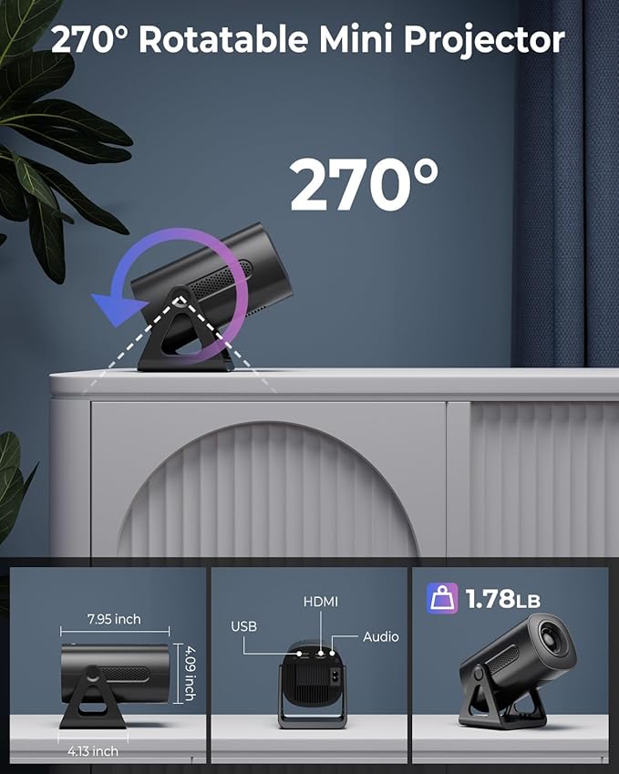 CLOKOWE Mini Projector, 4K 1080P Support projector with wifi and bluetooth,270°Adjustable Stand Outdoor Home Theater galaxy Projector with Android TV OS & 8000+APPS for Phone/TV Stick/Laptop/HDMI-CubbioJoy