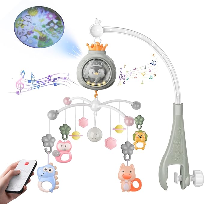 Crib Mobile with Music and Lights, Mobiles for Cribs, Baby Nursery Space Portable Infant Arm Hanger for Girls Boys Babies Bassinets Pack and Play Clip On Attachment, Toys Musical Hanging-CubbioJoy