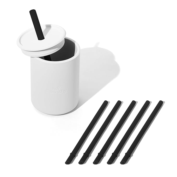Avanchy Silicone Training Sippy Cup with Straw Lid – For Babies 6+ Months to Toddlers 1 Year Old – 8 oz Infant Water Cup for Baby Led Weaning, White + 5 Reusable Straws-CubbioJoy