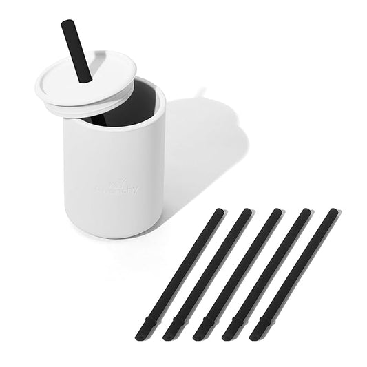 Avanchy Silicone Training Sippy Cup with Straw Lid – For Babies 6+ Months to Toddlers 1 Year Old – 8 oz Infant Water Cup for Baby Led Weaning, White + 5 Reusable Straws-CubbioJoy