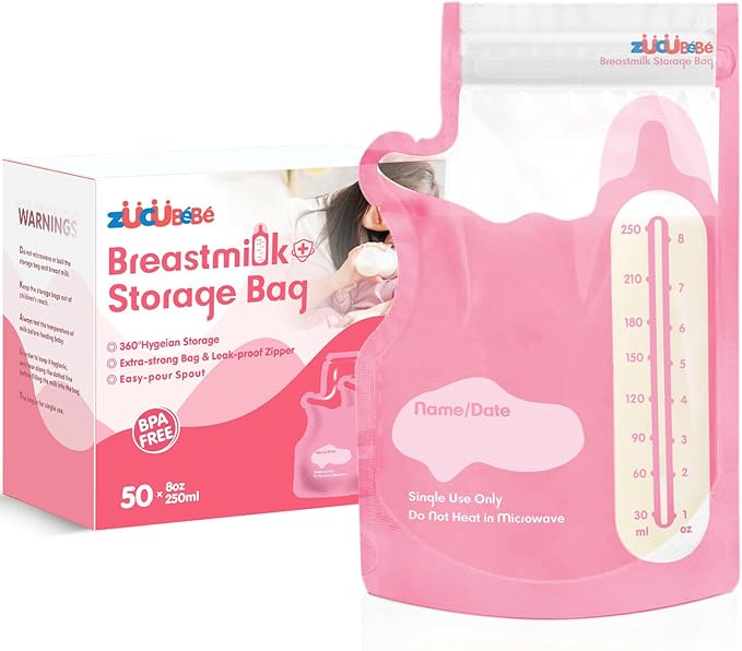 Breastmilk Storage Bags(50 Count)，8oz Milk Storage Bags for Breastfeeding，BPA Free with Easy Pour Spout, Self Standing, for Refrigeration and Freezing Red-CubbioJoy