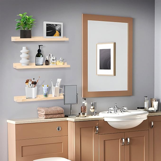 AZSKY Natural Wood Wall Mounted Shelves 24 Inch Floating Wall Book Shelf Floating Ledge Storage Rustic Shelves Photo Picture Ledge for Home Decor a Set of 3-CubbioJoy