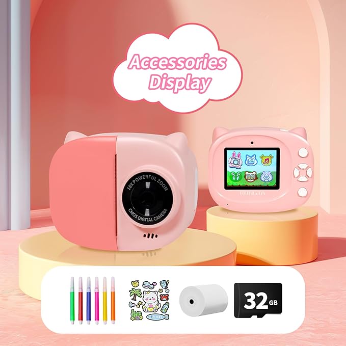 Instant Print Camera Toy for Kids, Girls Birthday Gifts for 3 4 5 6 7 8 Year Old Learning Music Story Player, 1080P HD Dual-Lens Creative Instant Camera (Pink)-CubbioJoy