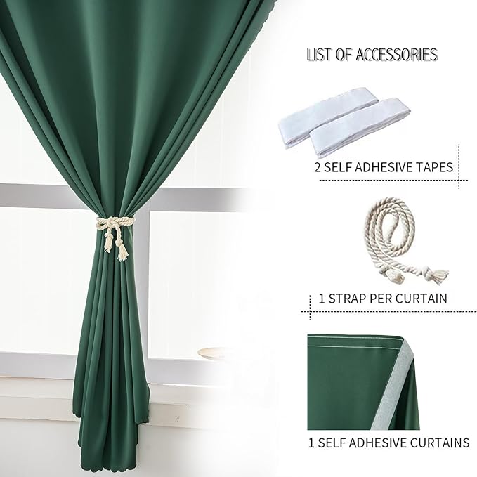 Blackout Curtains for Bedroom Stick On Curtains Window Shades Pull Down Blackout Window Cover No Drillng Self Adhesive Curtains No Rod Small Curtain, 35" W X 59" L, Dark Green, 1 Panel-CubbioJoy