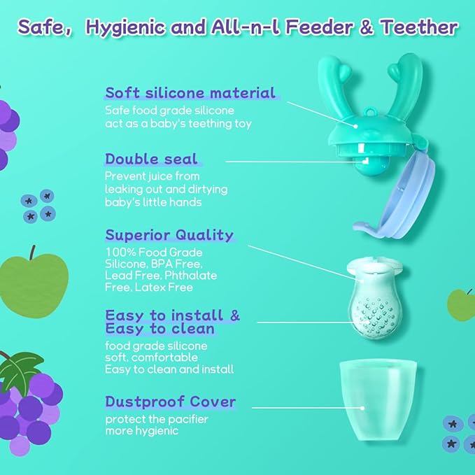 Baby Fruit Food Feeder - Silicone Nibble Tray Combo - Breastmilk Popsicle Mold for Cooling Relief, BPA Free Mesh Feeder for Infant Self Feeding (Antler Blue + Pineapple)-CubbioJoy