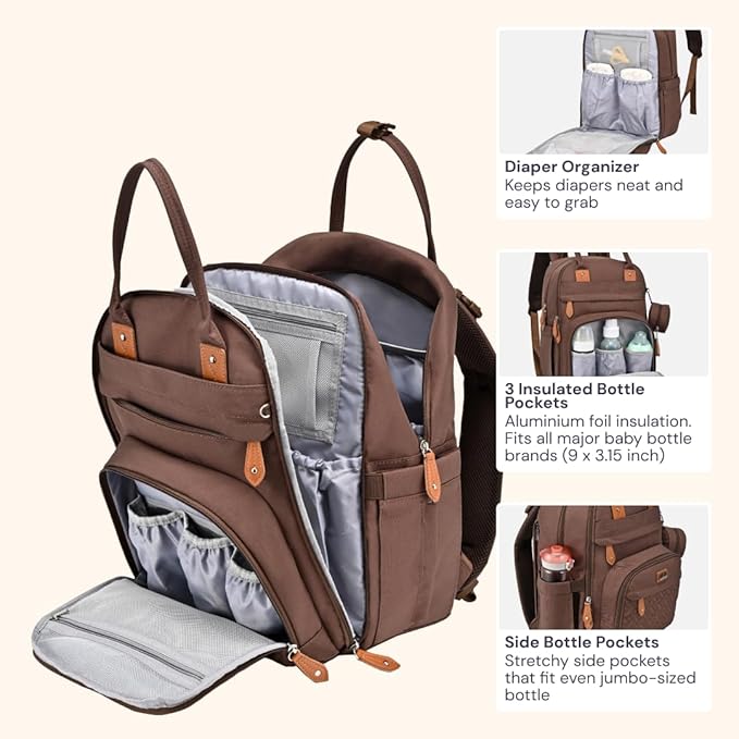 BabbleRoo Diaper Bag Backpack - Baby Essentials Travel Tote - Multi Function Waterproof Diaper Bag, Travel Essentials Baby Bag with Changing Pad, Stroller Straps & Pacifier Case - Unisex, Brown-CubbioJoy