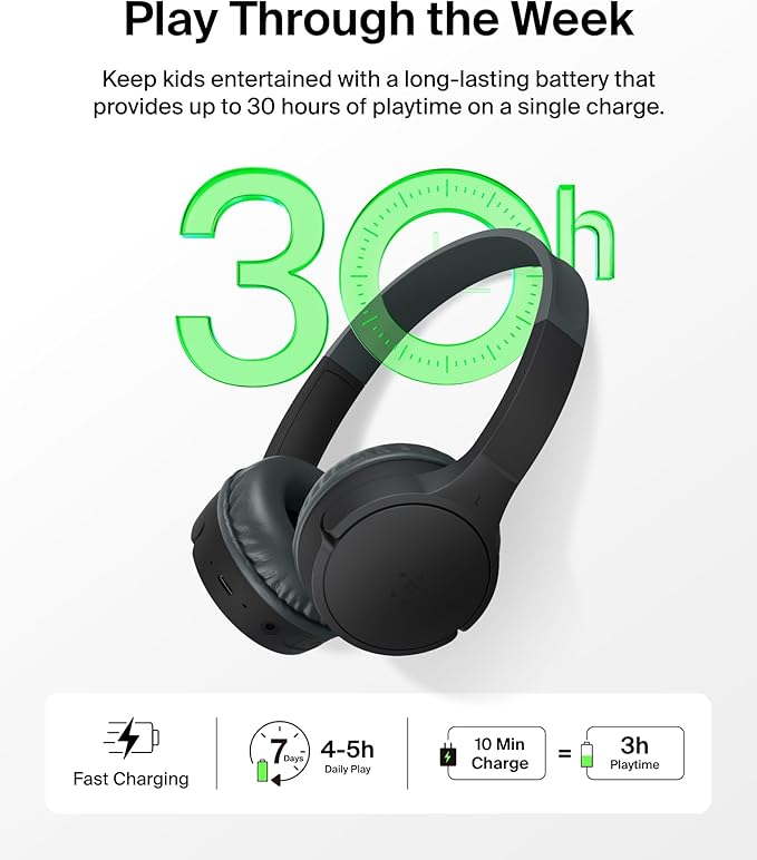 Belkin SoundForm Mini Kids Wireless Headphones w/Built-in Microphone, 30H of Playback Time, Fun Stickers, & Case - Over-Ear Headsets for Online Learning, School, iPhone, iPad, Galaxy, & More - Black-CubbioJoy