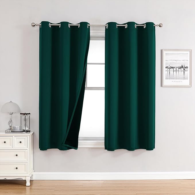 ChrisDowa 100% Blackout Curtains for Bedroom with Black Liner, 2 Thick Layers Total Blackout Thermal Insulated Grommet Small Window Curtains 2 Panels Set (Forest Green, 42 x 54 Inch)-CubbioJoy