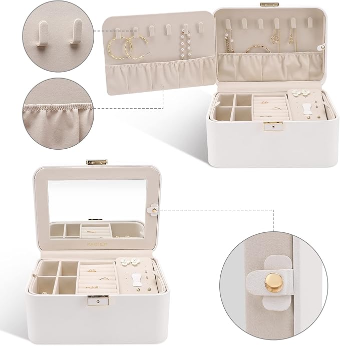 KAMIER Travel Jewelry Box, 2 Layers PU Leather Portable Jewelry Organizer, Large Capacity, Double Lock and Large Mirror, Hidden Necklace Hooks, Removable Dividers, Gift Box Packaging, White-CubbioJoy