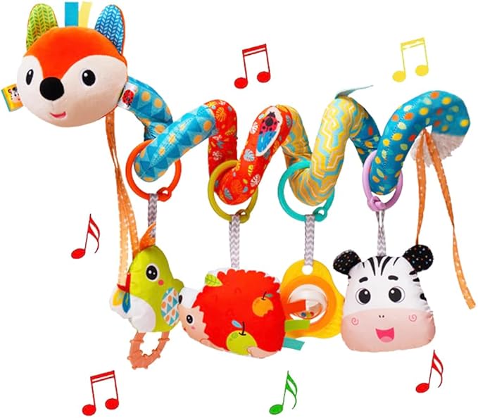 Baby Car Seat Toys, Infants Activity Spiral Plush Toys for Babies 0-6 Months Hanging Stroller Toy Gift for Infant Boys and Girls 0 3 6 12 Months Newborn Sensory Toy with Rattles Squeaker Music - Fox-CubbioJoy