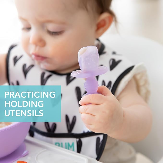 Bumkins Baby Utensils Set, Chewtensils Silicone Spoons for Dipping, Self-Feeding, Baby Led Weaning, Trainer Learning, First Stage Eating, Soft Practice Fork and Spoon, Babies 6 Months, Purple Jelly-CubbioJoy