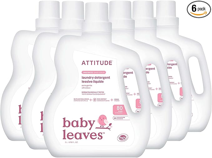 ATTITUDE Baby Laundry Detergent, EWG Verified, Plant and Mineral-Based Formula, HE Compatible, Vegan Household Products, Unscented, 80 Loads, 67.6 Fl Oz (Pack of 6)-CubbioJoy
