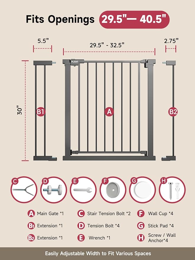 29.5-40.5" Baby Gate for Stairs, Dog Gate for Doorways, Walk Thru Auto Close Metal Baby Safety Gate for The House, Stairs and Doorways, Child Gate Pressure Mounted, Pet Gate for Dog Indoor - Black-CubbioJoy